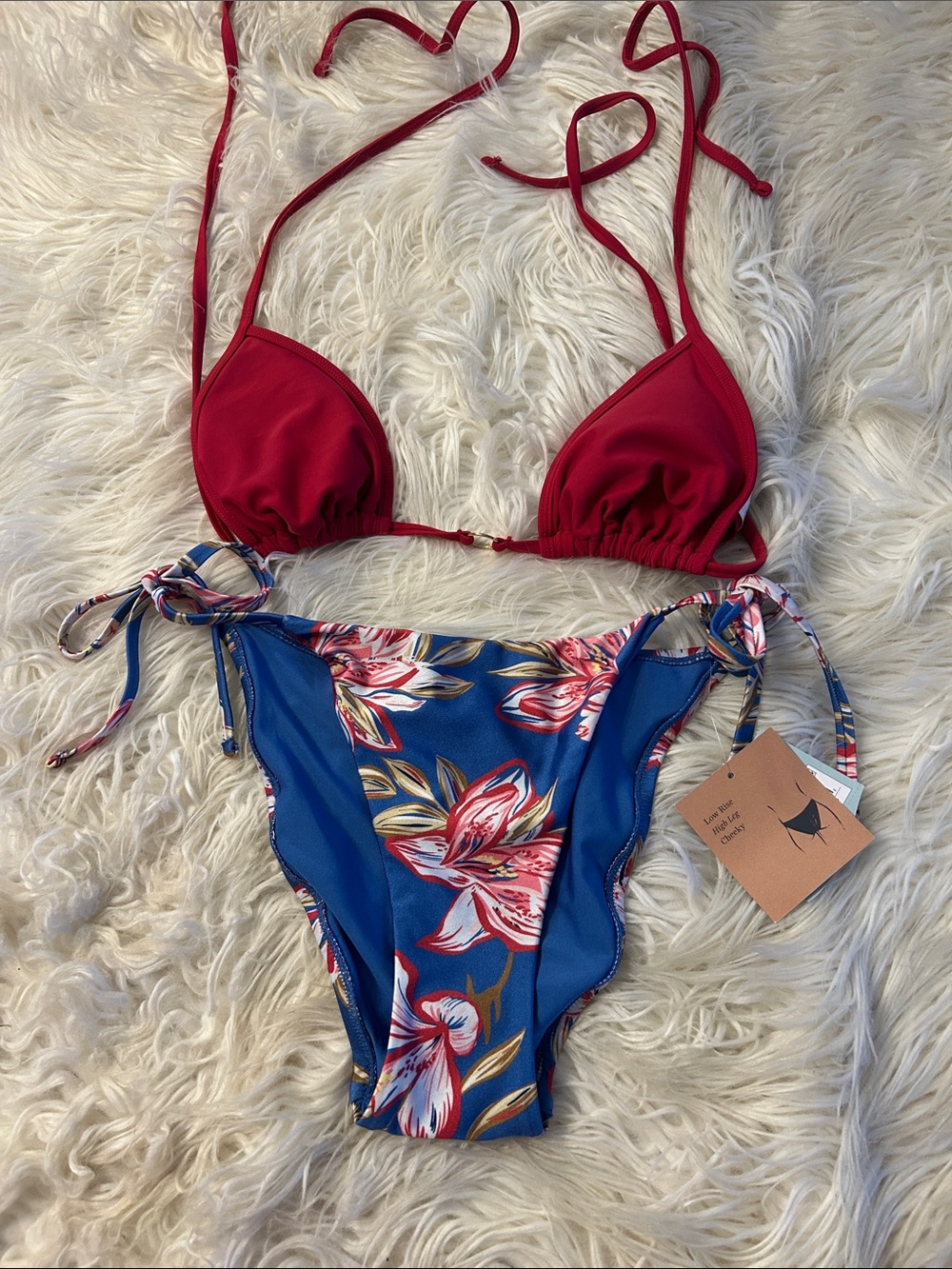 Triangle Bikini Top with Blue Floral Tie-Side Bottom